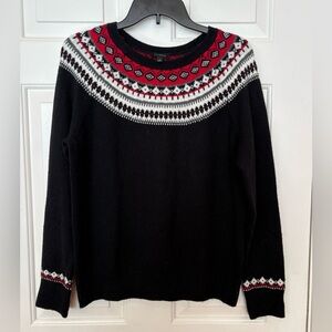 Talbots Sweater M Black Red Nordic Ski Fair Isle Pullover Wool Blend